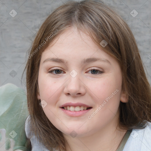 Joyful white child female with medium  brown hair and brown eyes