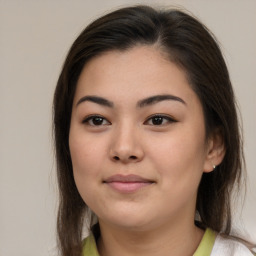 Neutral asian young-adult female with medium  brown hair and brown eyes