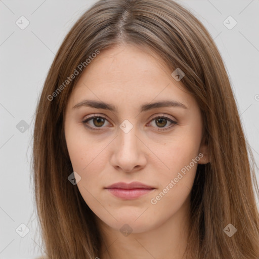 Neutral white young-adult female with long  brown hair and brown eyes