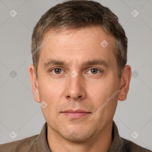 Neutral white adult male with short  brown hair and brown eyes