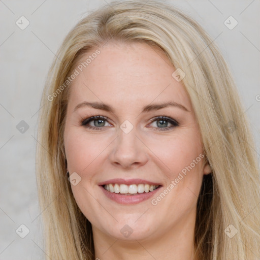 Joyful white young-adult female with long  brown hair and blue eyes