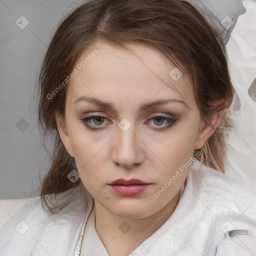 Neutral white young-adult female with medium  brown hair and blue eyes