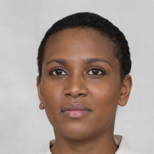 Neutral black young-adult female with short  black hair and brown eyes