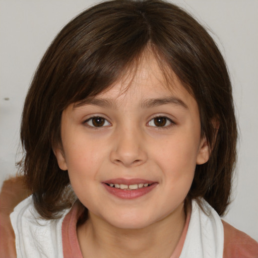 Joyful white child female with medium  brown hair and brown eyes