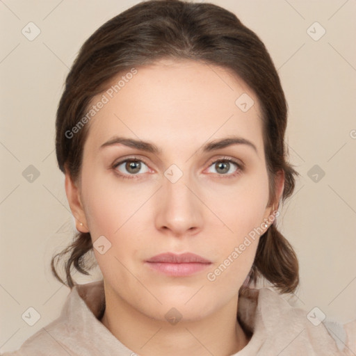 Neutral white young-adult female with medium  brown hair and brown eyes