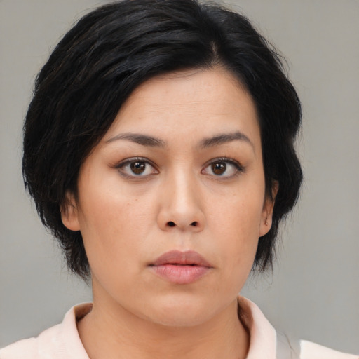 Neutral asian young-adult female with medium  black hair and brown eyes