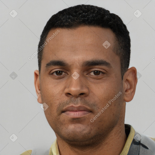 Neutral black young-adult male with short  black hair and brown eyes