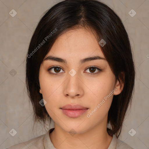 Neutral white young-adult female with medium  brown hair and brown eyes