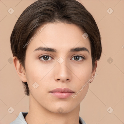 Neutral white young-adult female with short  brown hair and brown eyes