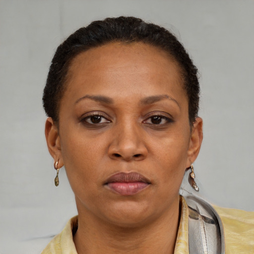 Neutral black adult female with short  brown hair and brown eyes