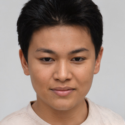 Joyful asian young-adult female with short  brown hair and brown eyes