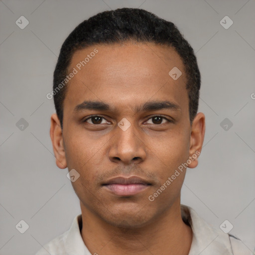 Neutral latino young-adult male with short  black hair and brown eyes