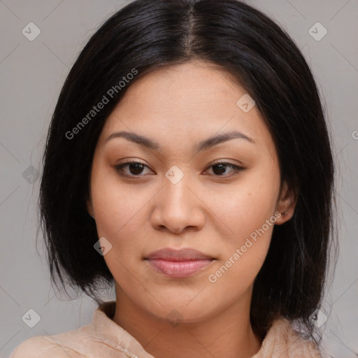 Joyful asian young-adult female with medium  brown hair and brown eyes