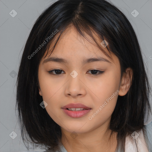 Joyful asian young-adult female with long  brown hair and brown eyes