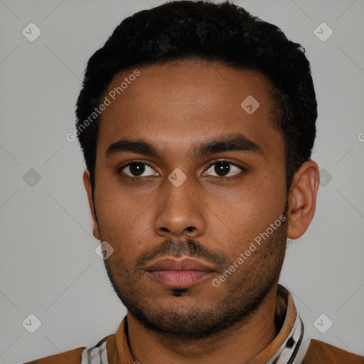 Neutral latino young-adult male with short  black hair and brown eyes