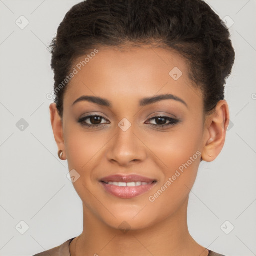 Joyful latino young-adult female with short  brown hair and brown eyes