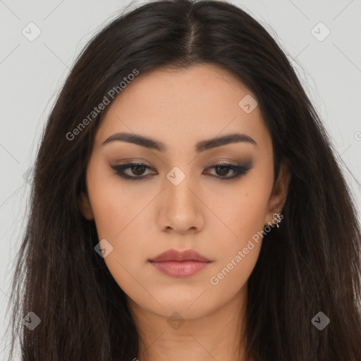 Neutral latino young-adult female with long  brown hair and brown eyes