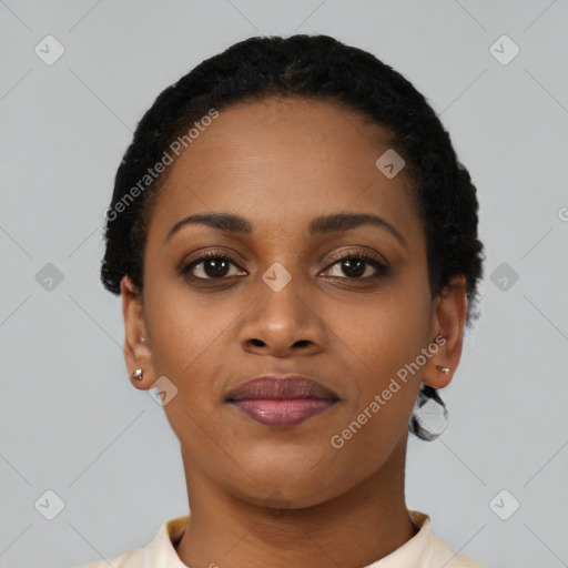 Neutral black young-adult female with short  black hair and brown eyes