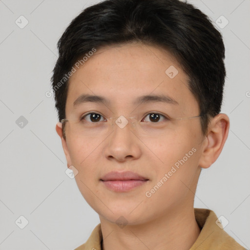 Neutral white young-adult female with short  brown hair and brown eyes