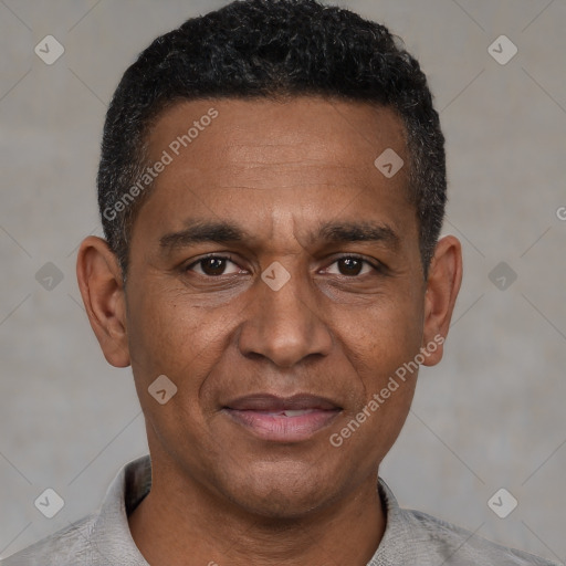 Joyful black adult male with short  black hair and brown eyes