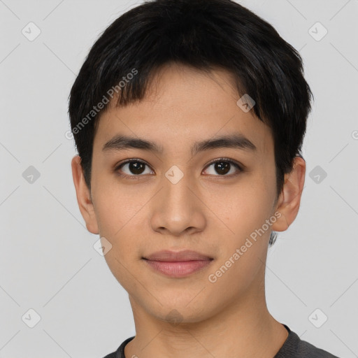 Neutral asian young-adult male with short  black hair and brown eyes