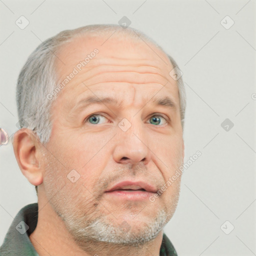 Neutral white middle-aged male with short  gray hair and grey eyes