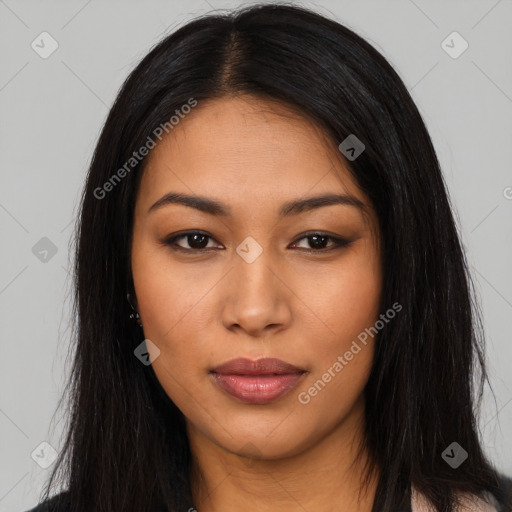 Neutral latino young-adult female with long  black hair and brown eyes