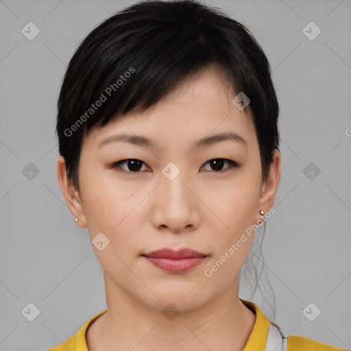 Neutral asian young-adult female with short  brown hair and brown eyes