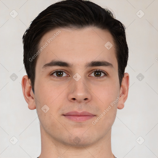 Neutral white young-adult male with short  brown hair and brown eyes