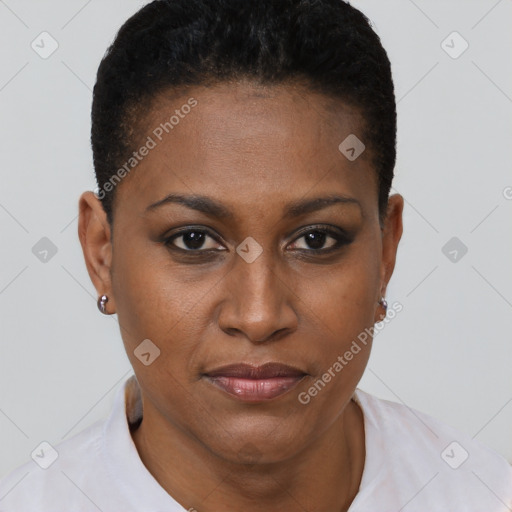 Joyful black young-adult female with short  brown hair and brown eyes