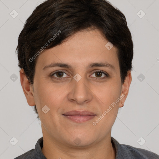 Joyful white young-adult female with short  brown hair and brown eyes