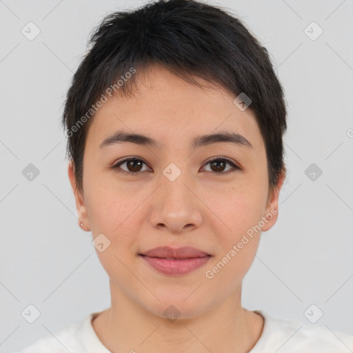 Joyful asian young-adult female with short  brown hair and brown eyes