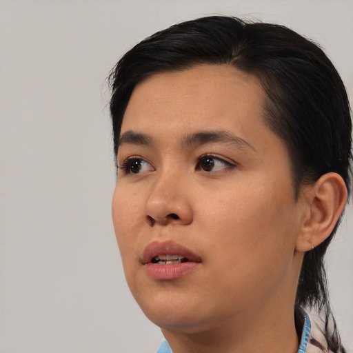 Neutral asian young-adult female with short  black hair and brown eyes