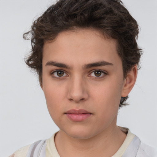 Neutral white young-adult female with short  brown hair and brown eyes