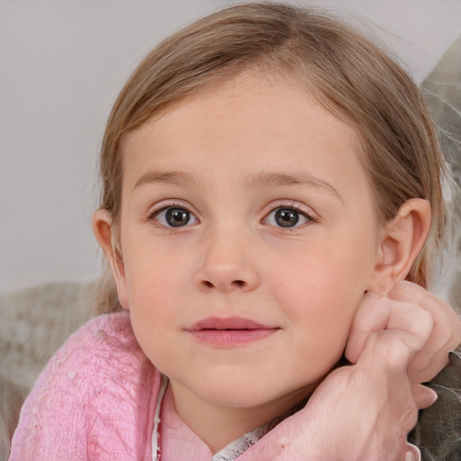 Neutral white child female with medium  brown hair and blue eyes