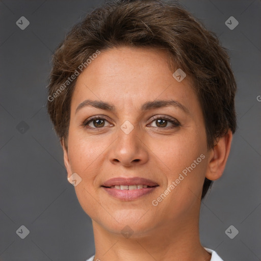 Joyful white young-adult female with short  brown hair and brown eyes