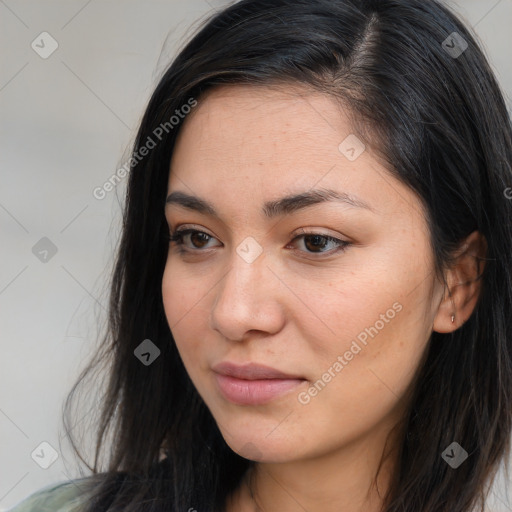 Neutral white young-adult female with long  brown hair and brown eyes