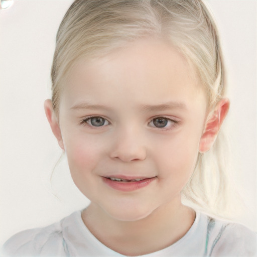 Joyful white child female with medium  blond hair and blue eyes