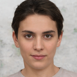 Neutral white young-adult female with short  brown hair and brown eyes