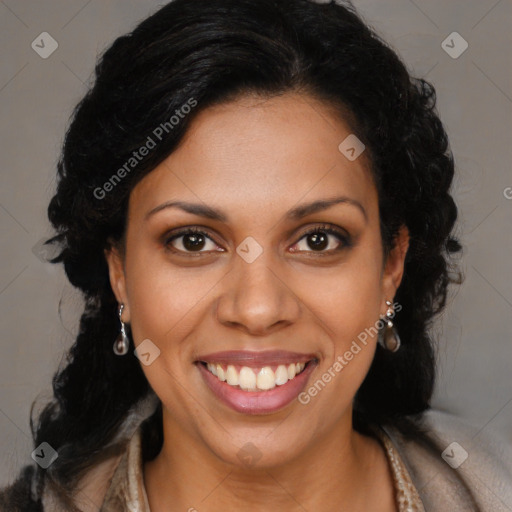 Joyful latino young-adult female with long  brown hair and brown eyes