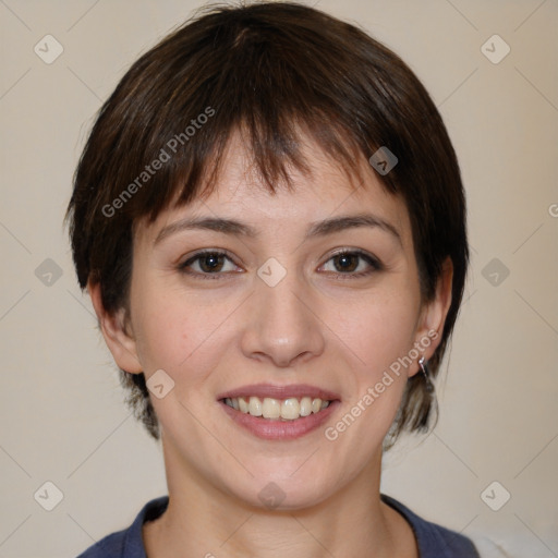 Joyful white young-adult female with medium  brown hair and brown eyes