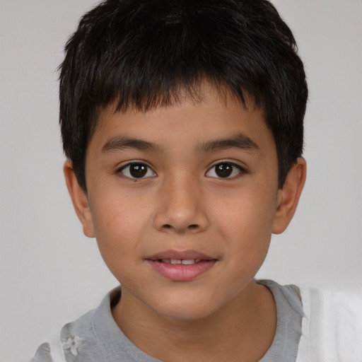 Joyful asian child male with short  brown hair and brown eyes