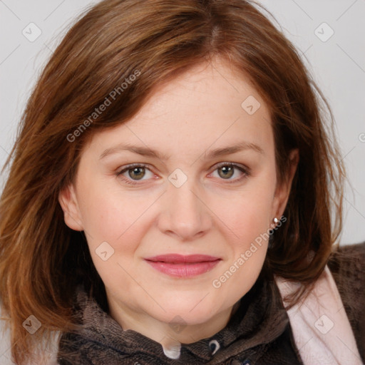 Joyful white young-adult female with medium  brown hair and blue eyes