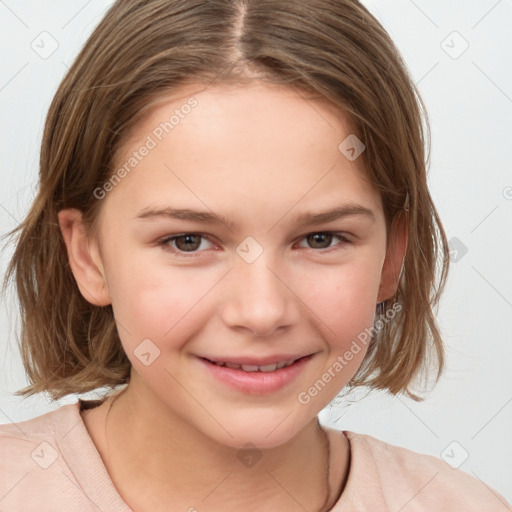 Joyful white child female with medium  brown hair and brown eyes