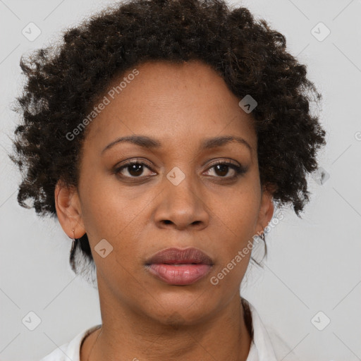 Neutral black young-adult female with short  brown hair and brown eyes