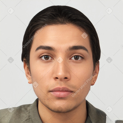 Neutral white young-adult male with short  brown hair and brown eyes