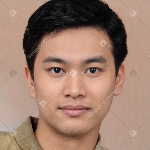 Neutral asian young-adult male with short  brown hair and brown eyes