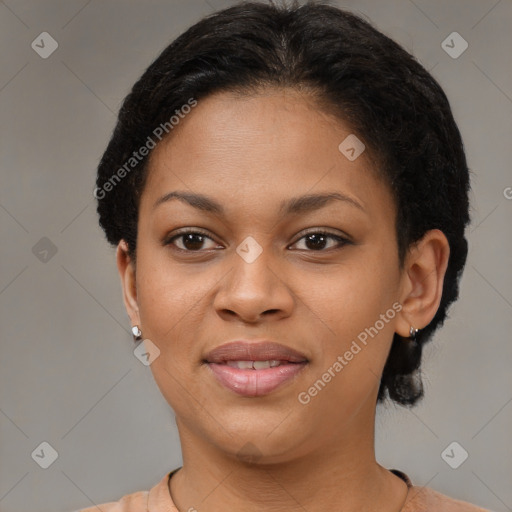 Joyful latino young-adult female with short  brown hair and brown eyes