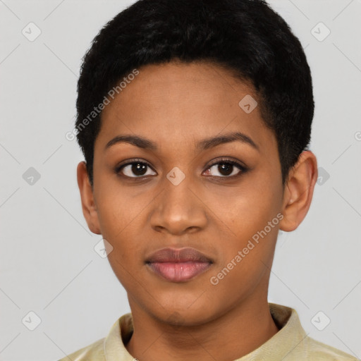 Joyful latino young-adult female with short  black hair and brown eyes