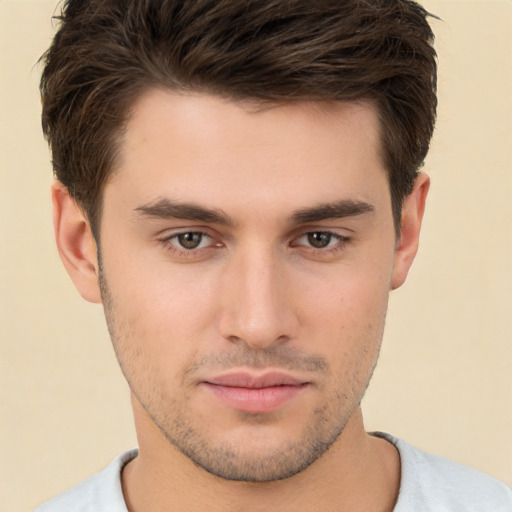 Neutral white young-adult male with short  brown hair and brown eyes